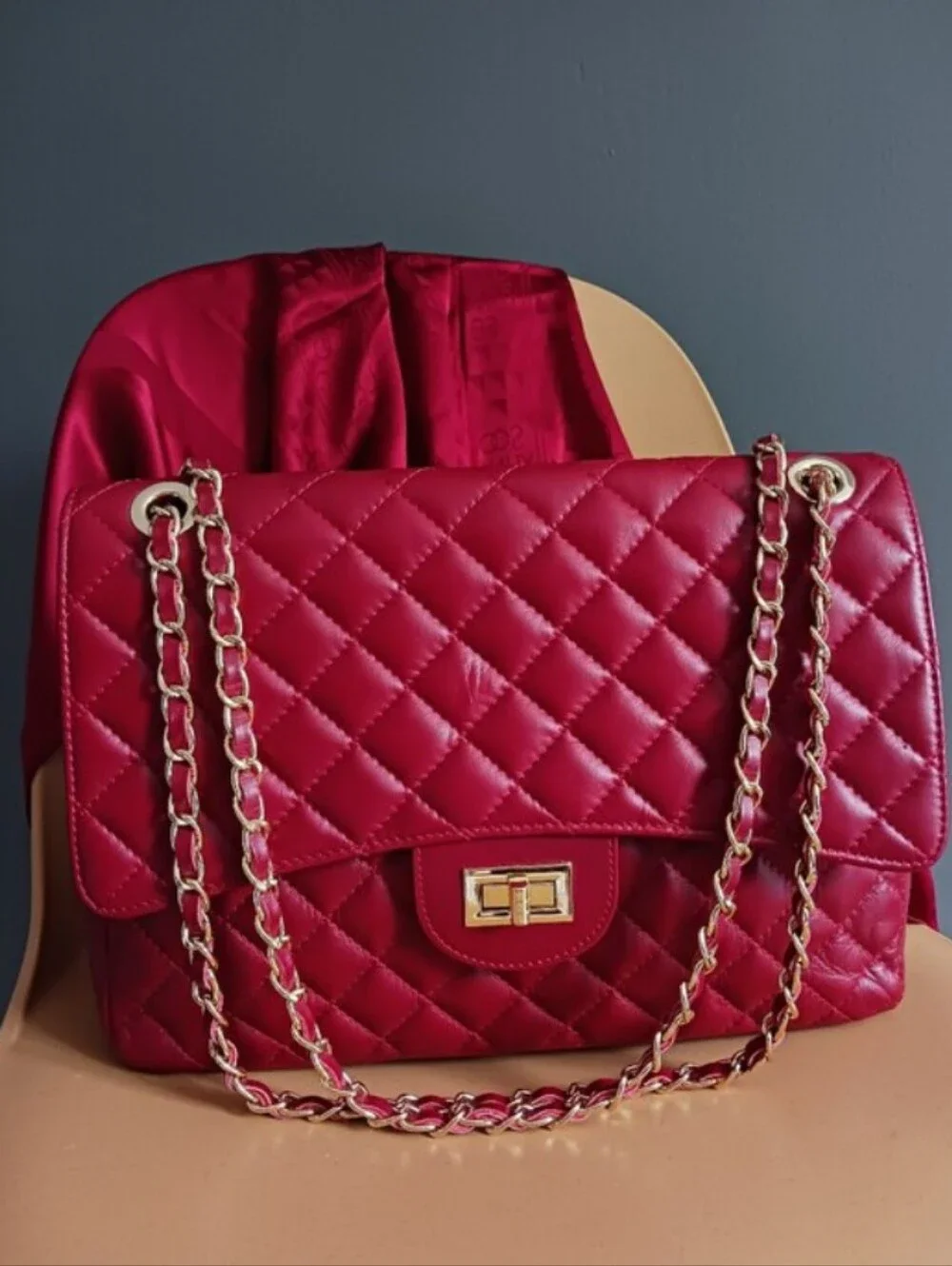 Chiara Ferretti Dark Red Quilted Genuine Leather Shoulder/ Crossbody Bag,